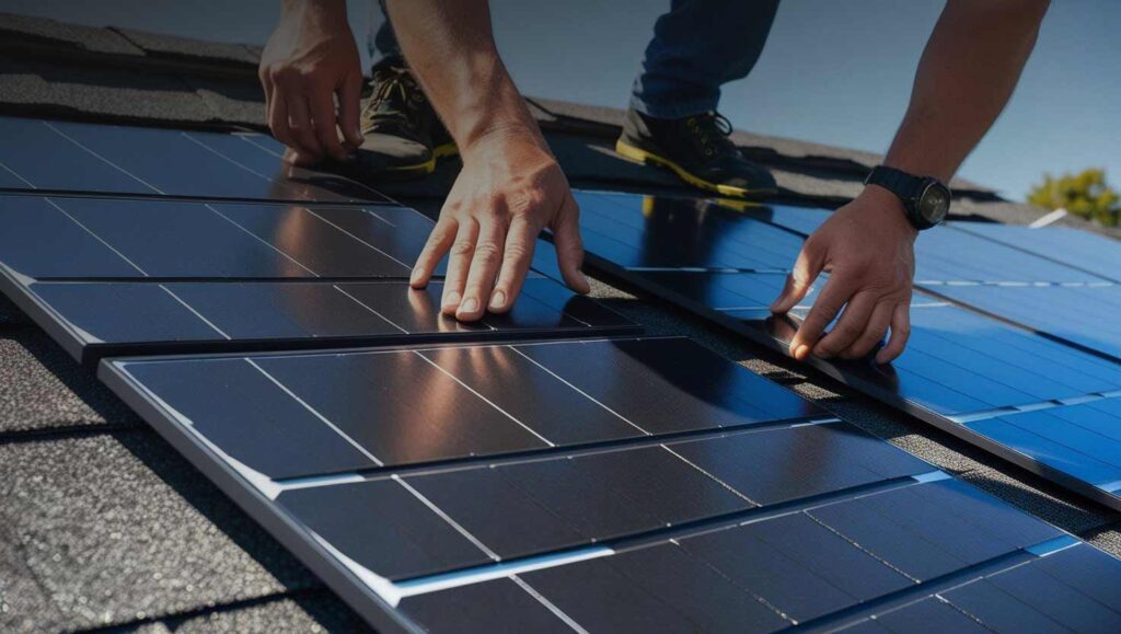 man worker installing roof solar