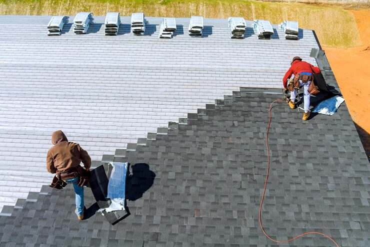 workers installing roof shingles