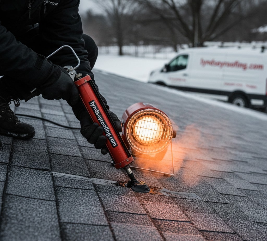 A professional roofer wearing black winter gloves is shown applying a thick, black sealant to a shingled roof using a red manual caulk gun labeled "lyndseyroofing.com". The scene is set in a winter environment with a snow-covered yard and a white Lyndsey Roofing service van in the background. A portable industrial heater is placed on the roof surface nearby, casting a warm glow on the work area to assist with the application process in freezing conditions.