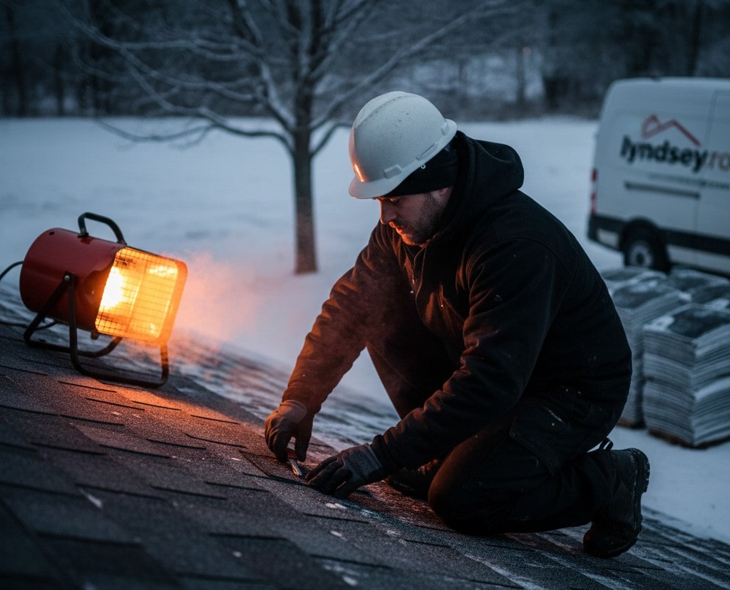 A roofer wearing a white hard hat and dark winter work gear kneels on a shingled roof in a snow-covered landscape. A portable industrial heater sits on the roof surface nearby, casting a warm orange glow as the worker carefully hand-seals a shingle. In the blurred background, a white service van labeled "Lyndsey Roofing" is parked near stacks of roofing materials in the snow.