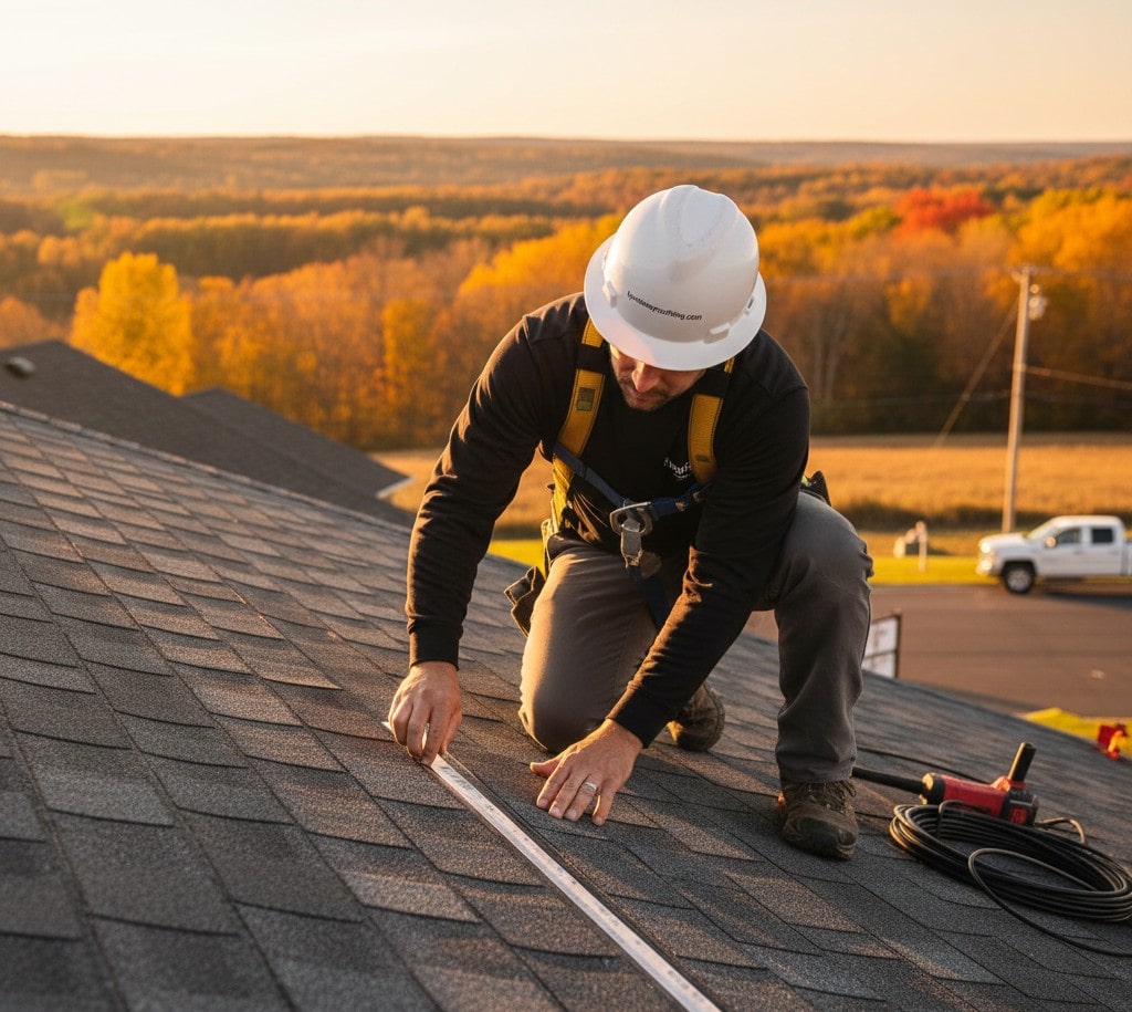 A roofer wearing a white hard hat and a safety harness is shown kneeling on a steeply pitched residential roof during the golden hour. The worker is precisely aligning a shingle using a measuring tool, with a pneumatic nail gun and a coil of air hose resting nearby on the asphalt shingles. The background features a rolling landscape of autumn trees and a clear sky, illustrating the ideal dry and moderate weather conditions for roofing.