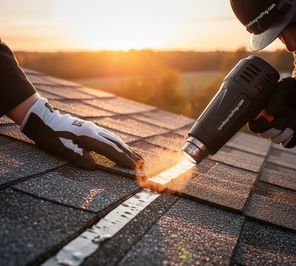 A close-up photograph of a roofer using a black professional heat gun, labeled "lyndseyroofing.com," to activate the adhesive strip on an asphalt shingle. A gloved hand is shown pressing the shingle down as the heat gun applies a focused beam of warmth, with the low sun in the background indicating a cold-weather installation.