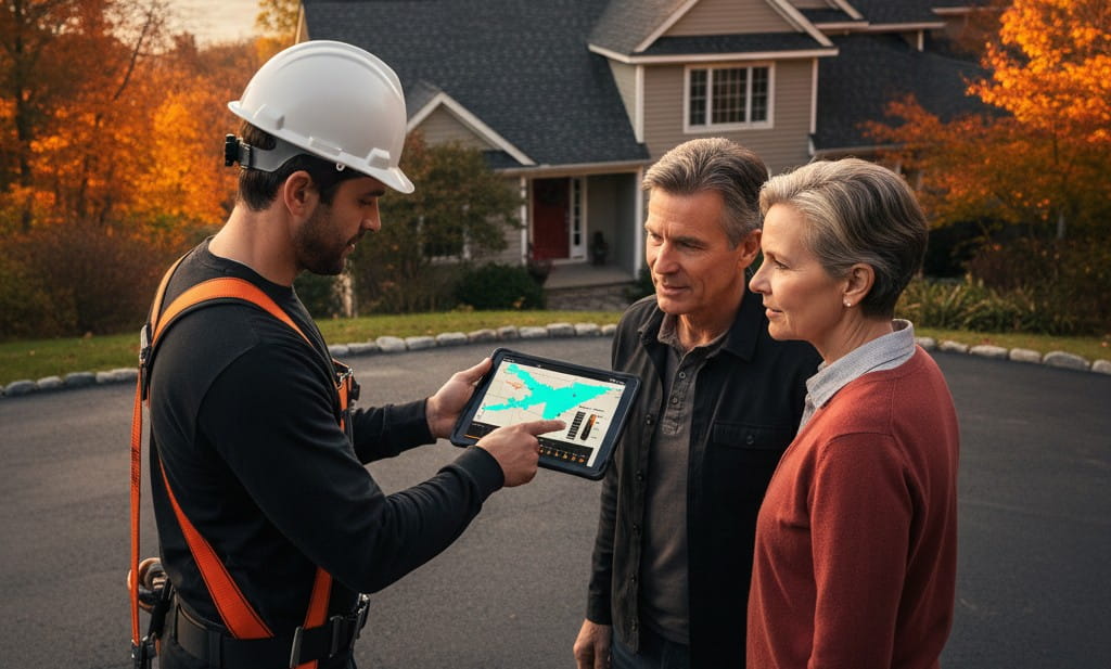 A professional roofing contractor wearing a white hard hat and safety harness stands on a residential driveway in Poughkeepsie, NY. He is holding a digital tablet and pointing to a detailed roof analysis and project map while explaining the plan to a middle-aged couple. A suburban home with a grey roof and autumn foliage are visible in the background during the golden hour.