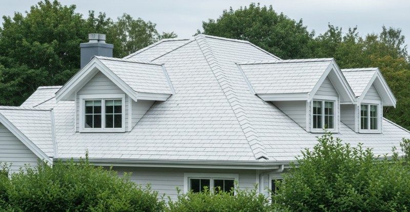 A white-coated shingle roof reflecting sunlight, a primary example of how white coatings keep your home cooler.