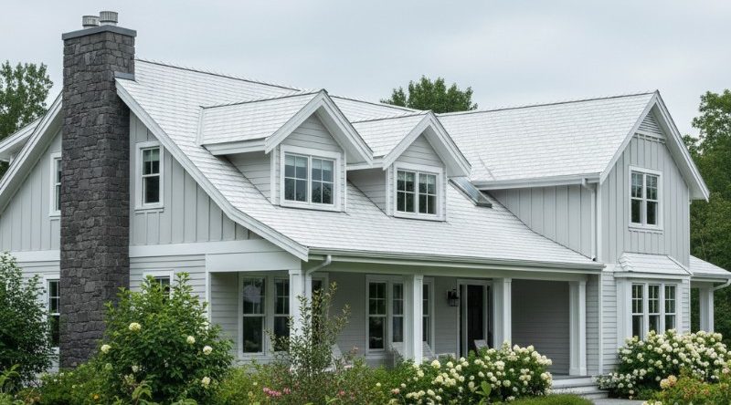 A roof in the middle of a "cool roof" transformation, illustrating the stark difference in surface color and explaining how white coatings keep your home cooler.