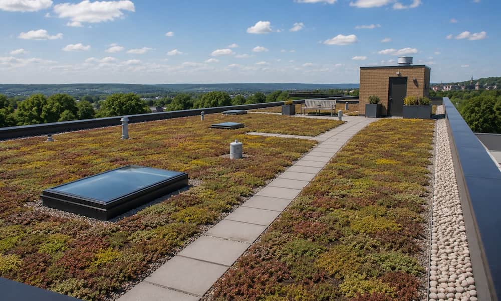Extensive green roof with sedum plants and rooftop walkway under a clear sky in Poughkeepsie, NY.