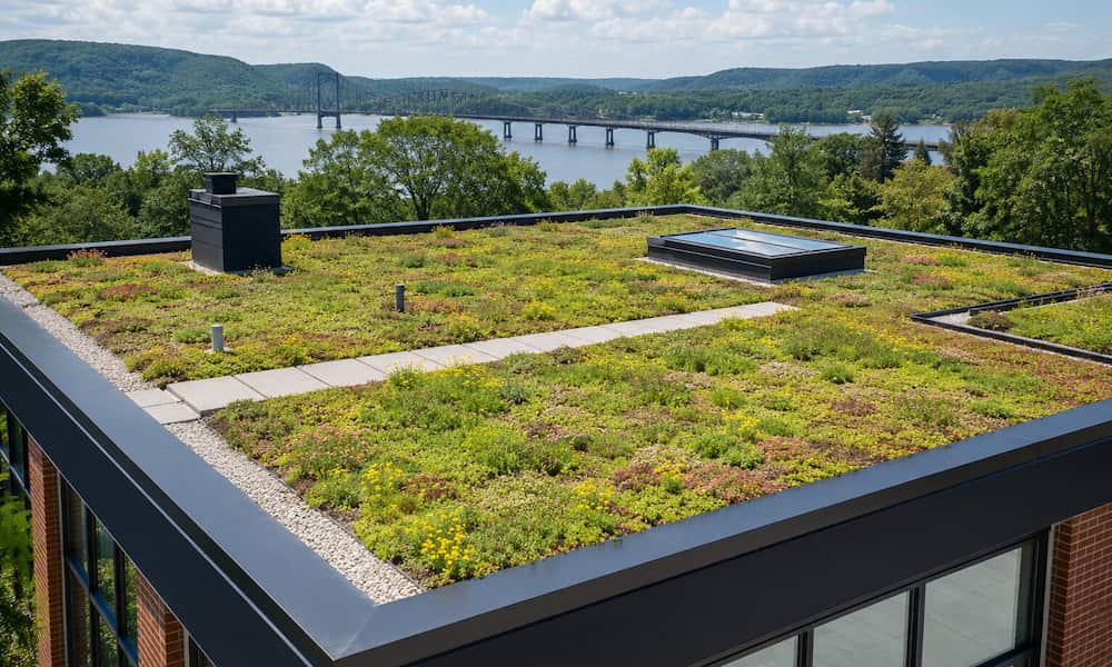 Extensive green roof with sedum plants and rooftop walkway overlooking the Hudson Valley in Poughkeepsie, NY.