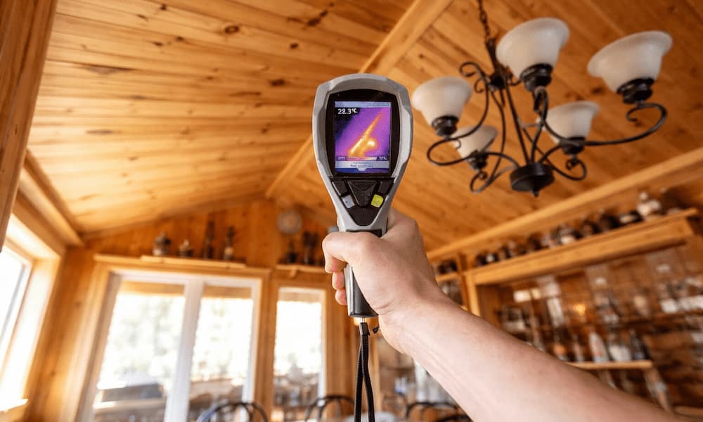 Handheld thermal imaging camera scanning wooden ceiling to detect heat or moisture issues