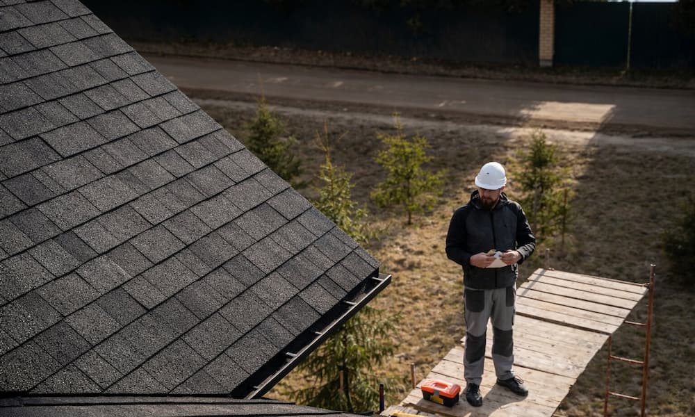 Worker inspecting asphalt shingle roof while standing on scaffolding beside a residential home