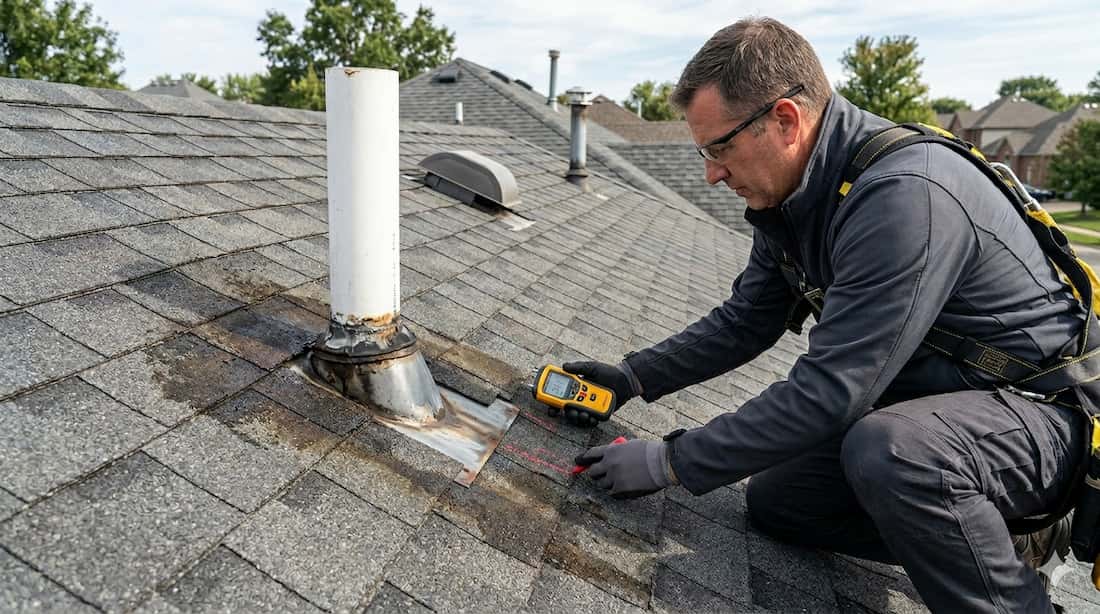 A roofing technician examining a vent pipe