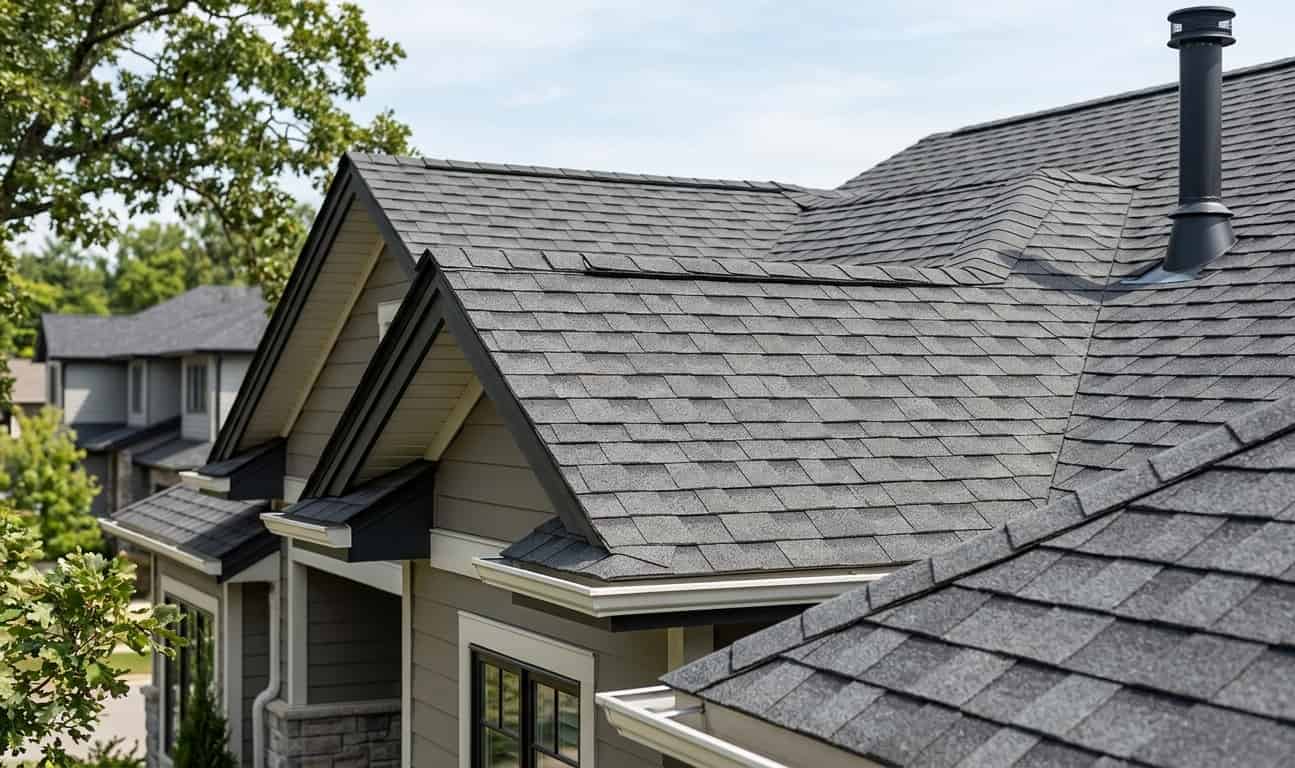high-angle view of a residential home featuring new gray architectural shingles