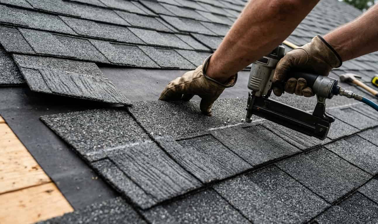 a roofer's hands in leather work gloves using a pneumatic nail gun to install dark gray architectural shingles