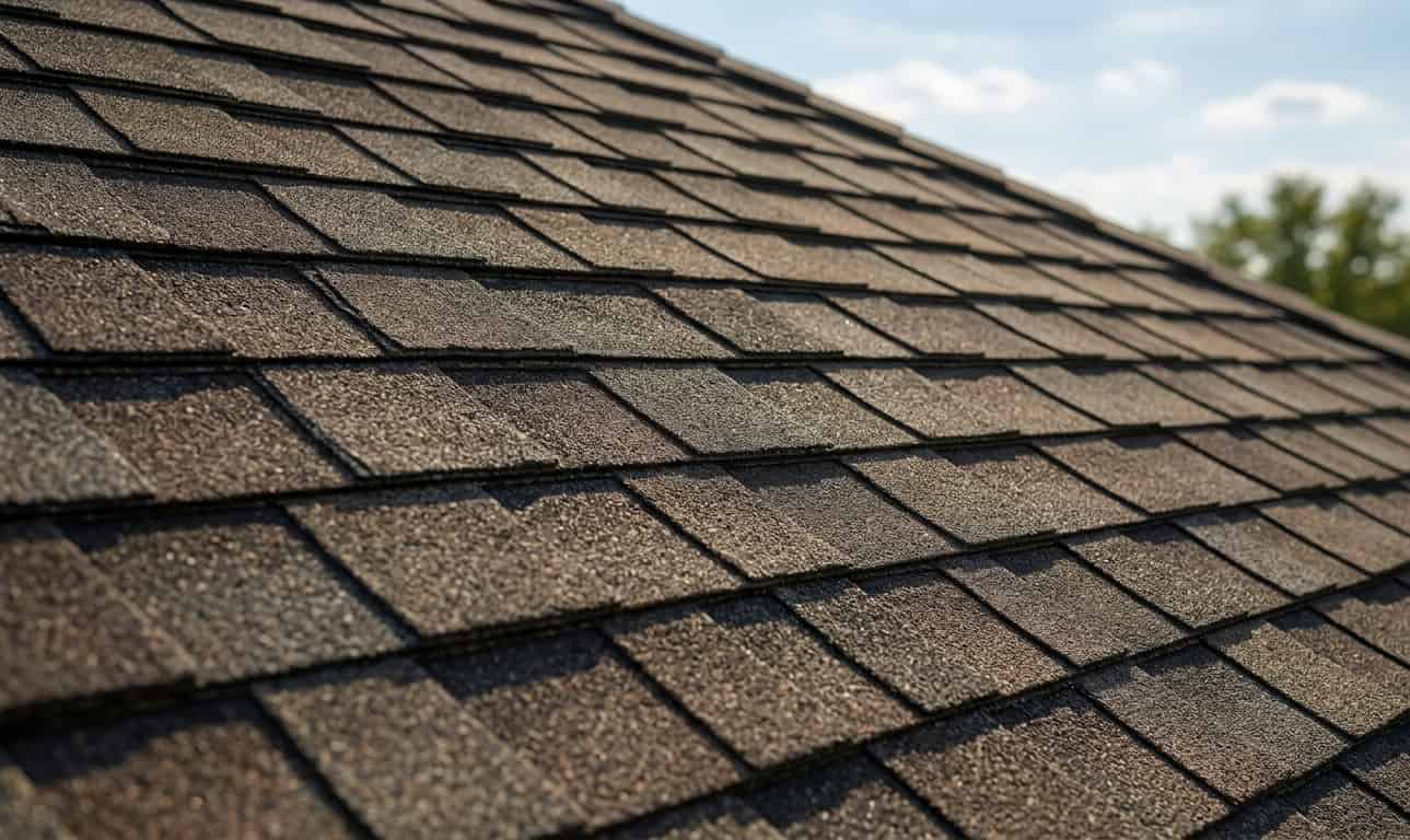 perspective view of a residential roof showing rows of brown and tan architectural shingles