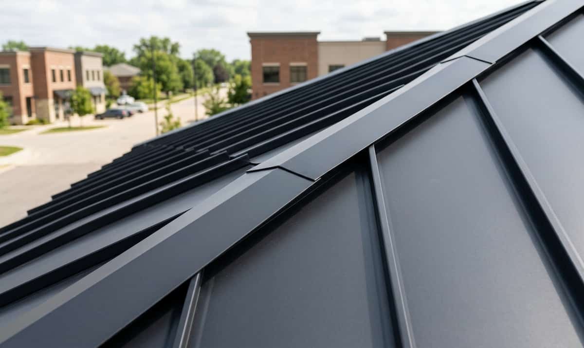A close-up, horizontal orientation view of a modern charcoal grey standing seam metal roof