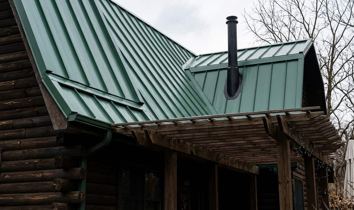 horizontal orientation view of a green standing seam metal roof