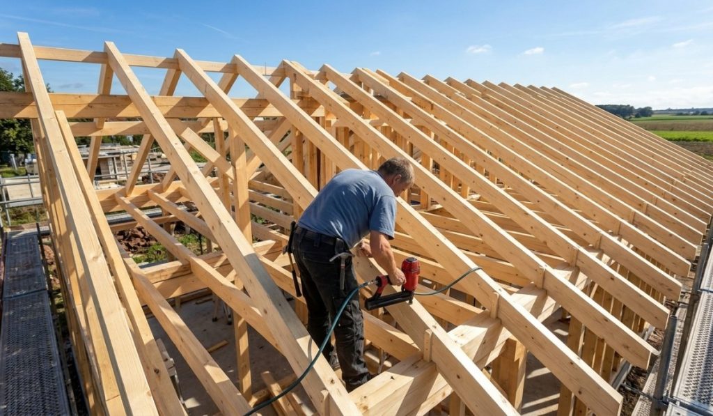 A construction worker uses a nail gun to secure wooden roof trusses on a house framework