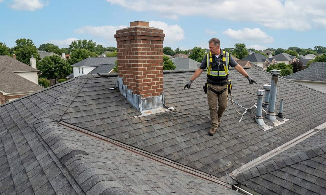 A roofing technician walking across the roof comparing multiple potential leak areas