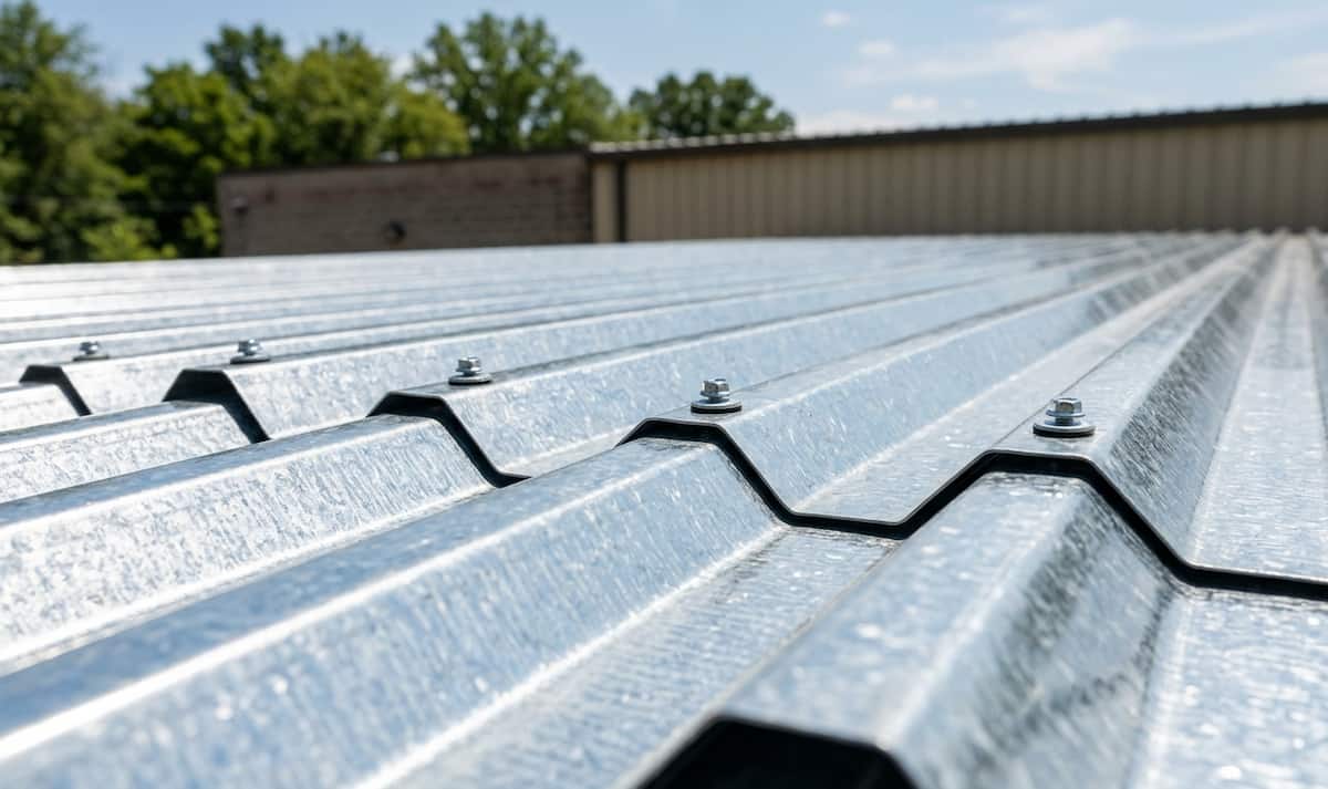 A close-up, horizontal orientation view of a galvanized corrugated metal roof