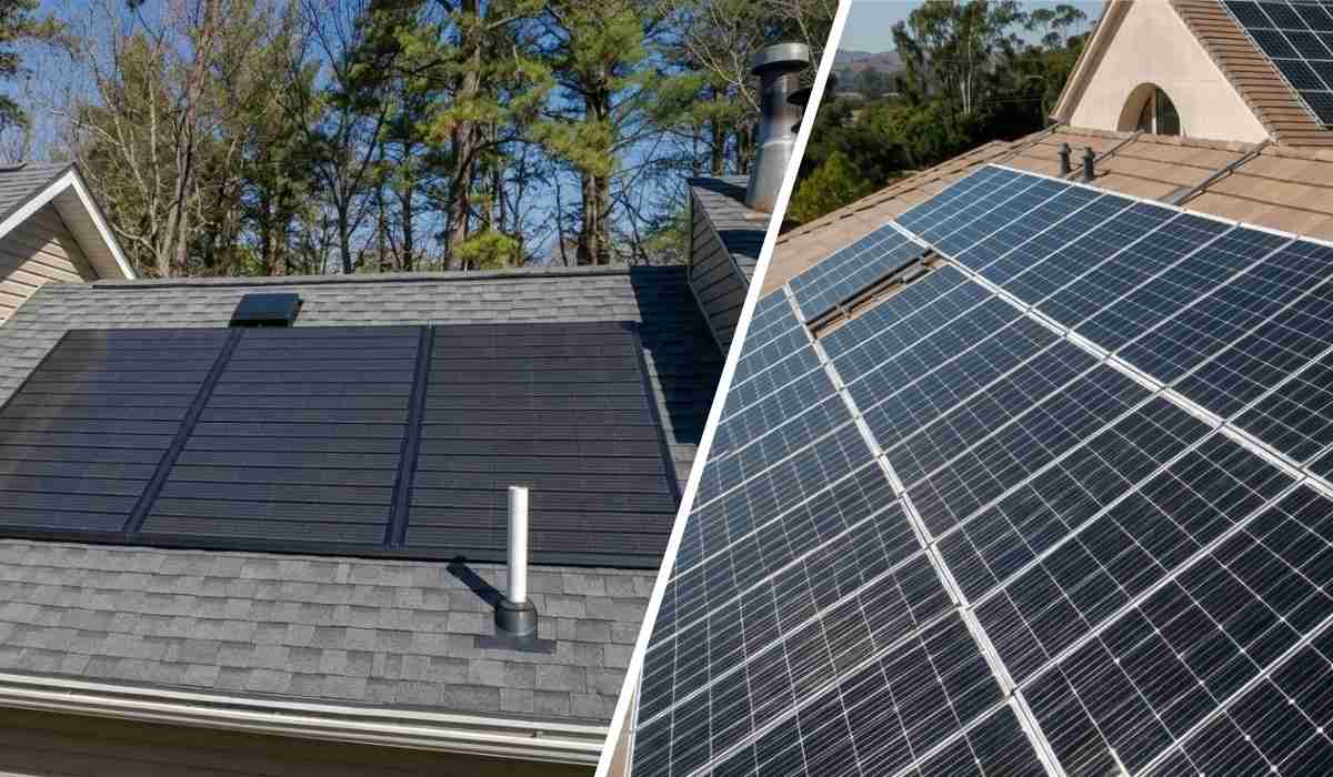 close-up shot of solar shingles and solar panels