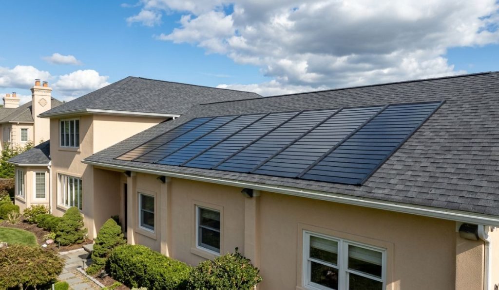 Integrated solar shingle installed flush against a dark asphalt shingle roof