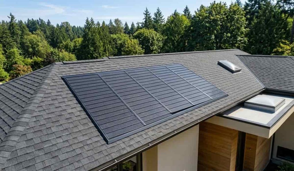 An elevated view of integrated solar shingles