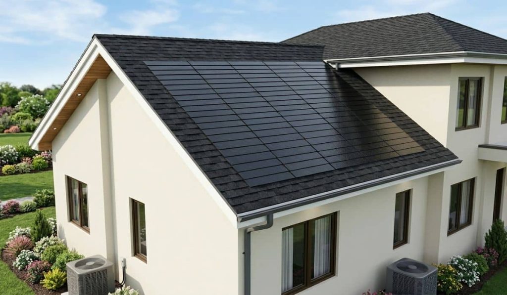 Integrated solar shingles installed on a prominent gabled roof