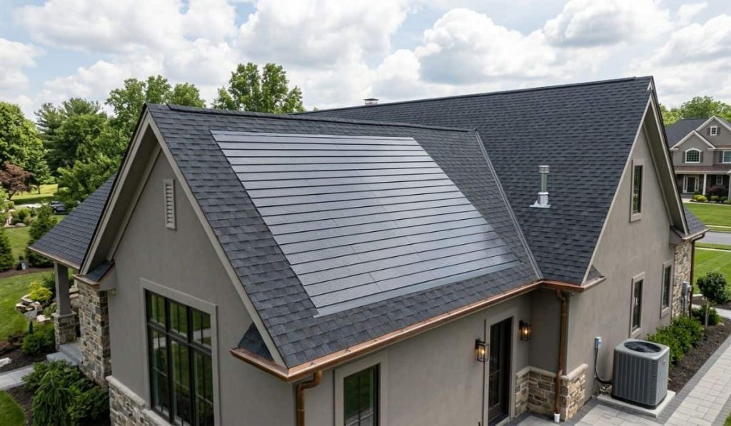 A modern home featuring integrated solar shingles seamlessly installed