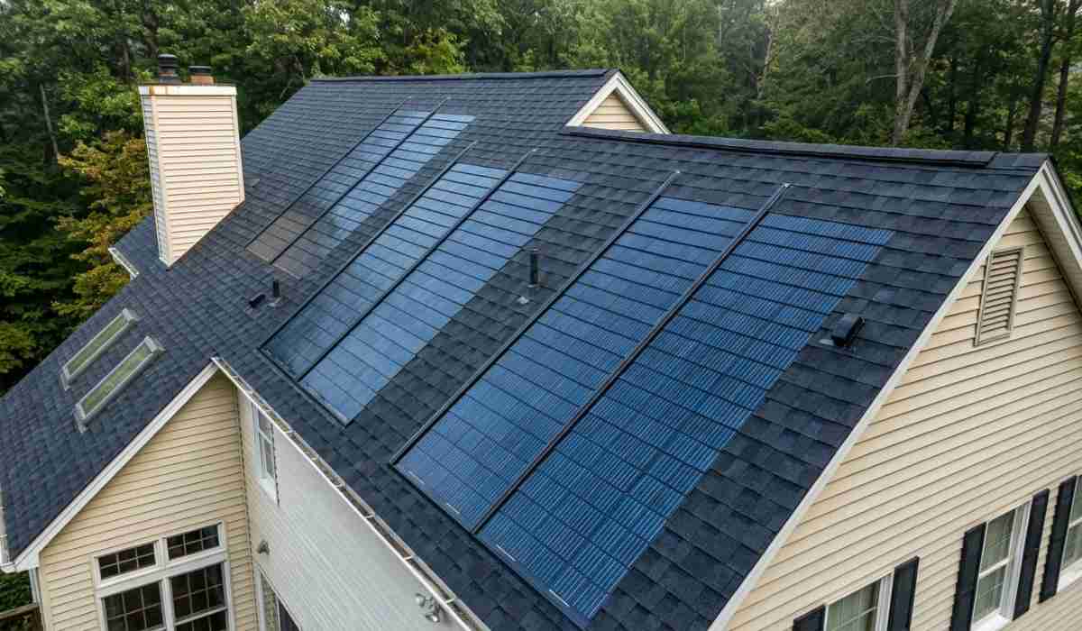 Drone view of solar shingles on a residential roof