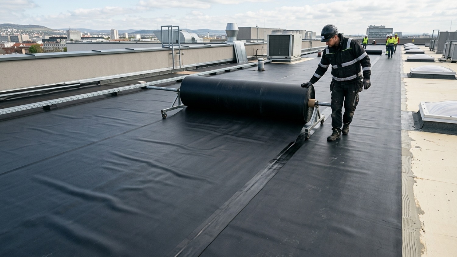 black waterproof membrane on a commercial flat rooftop