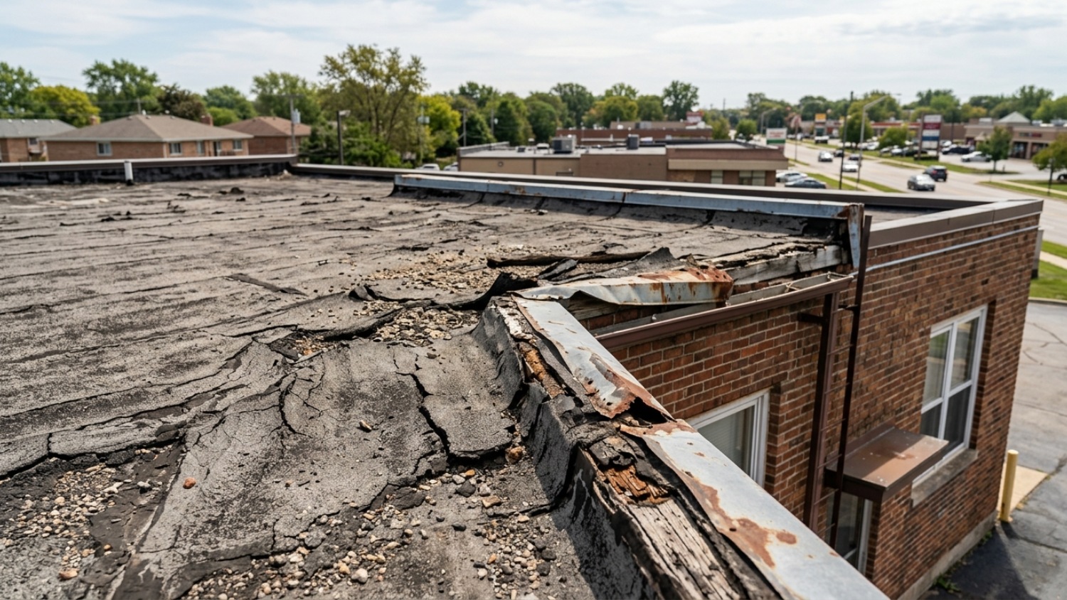 severely damaged flat commercial roof