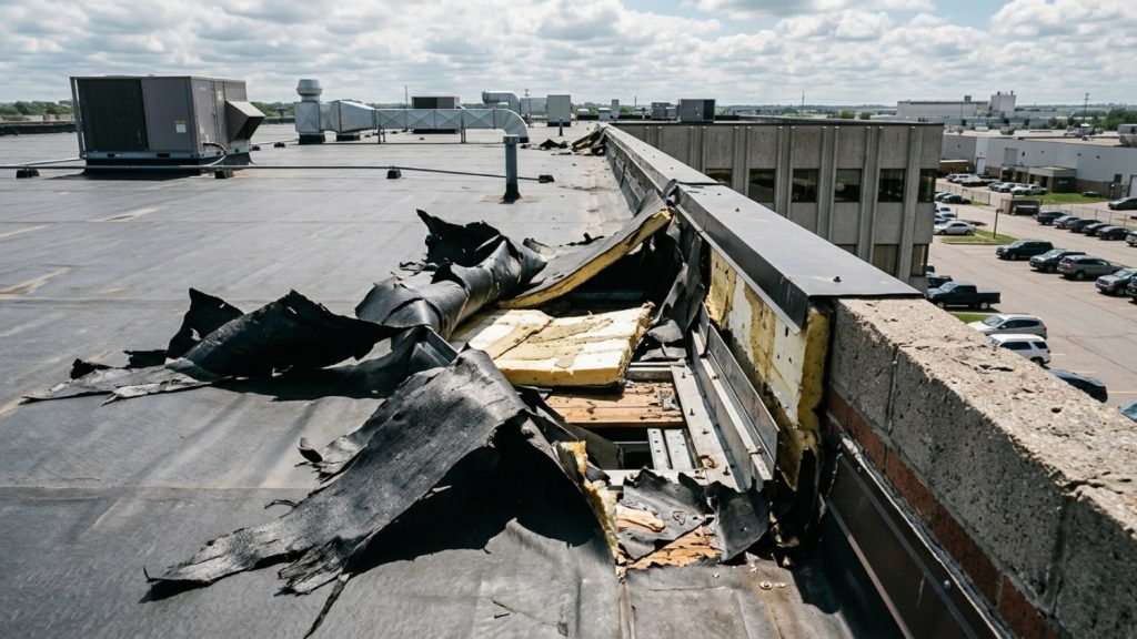 a large commercial flat roof showing severe storm damage