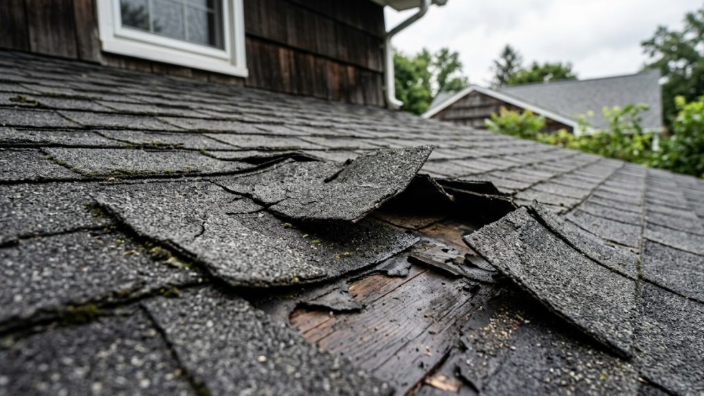 damaged, peeling, and broken asphalt shingles