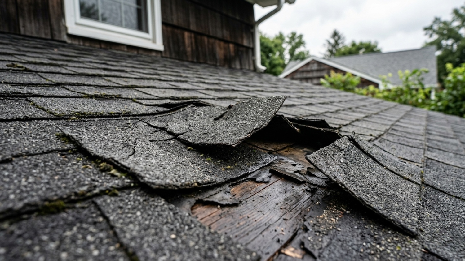 damaged, peeling, and broken asphalt shingles