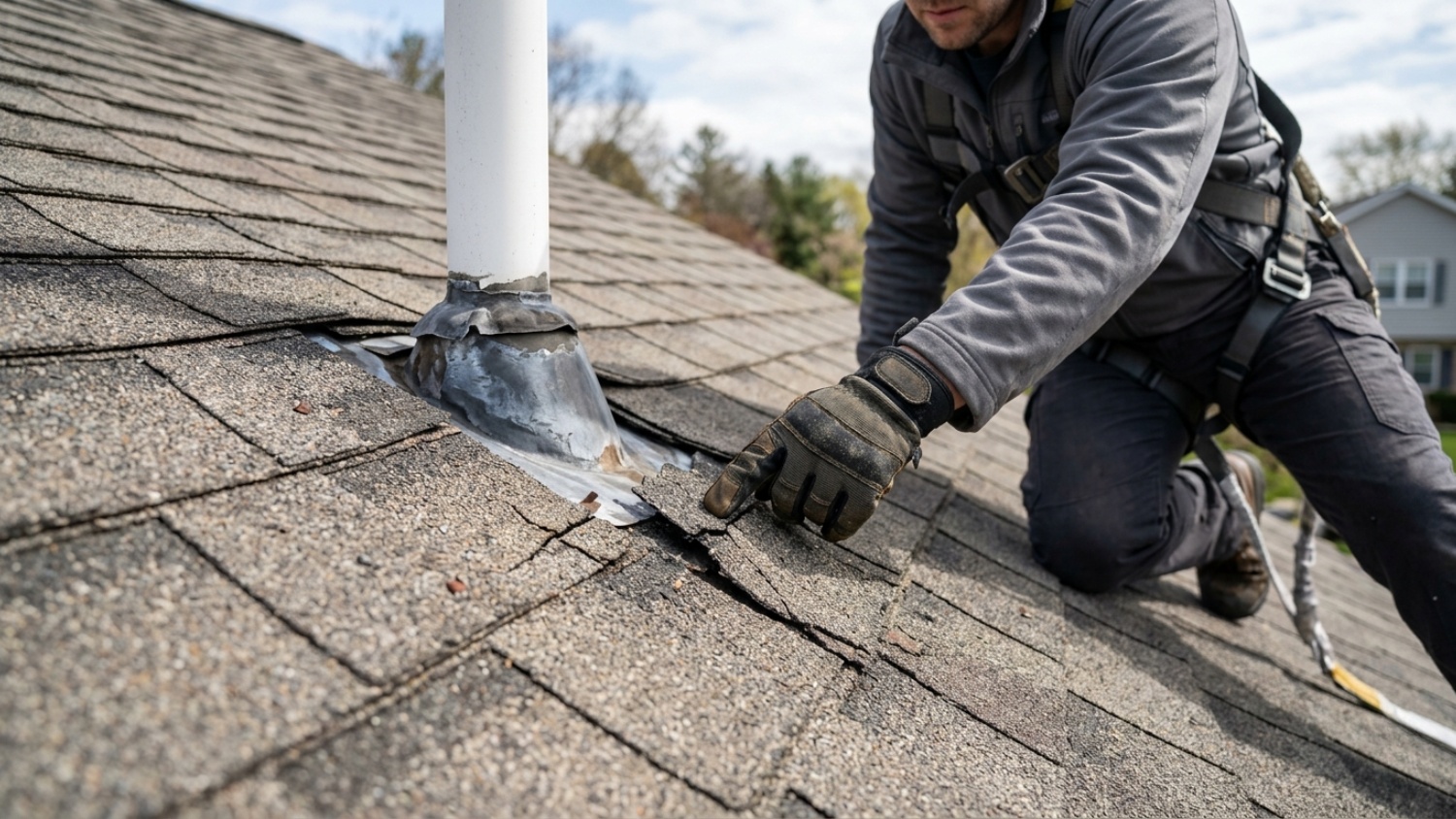 roofer wearing safety gear inspecting cracked and damaged asphalt shingles