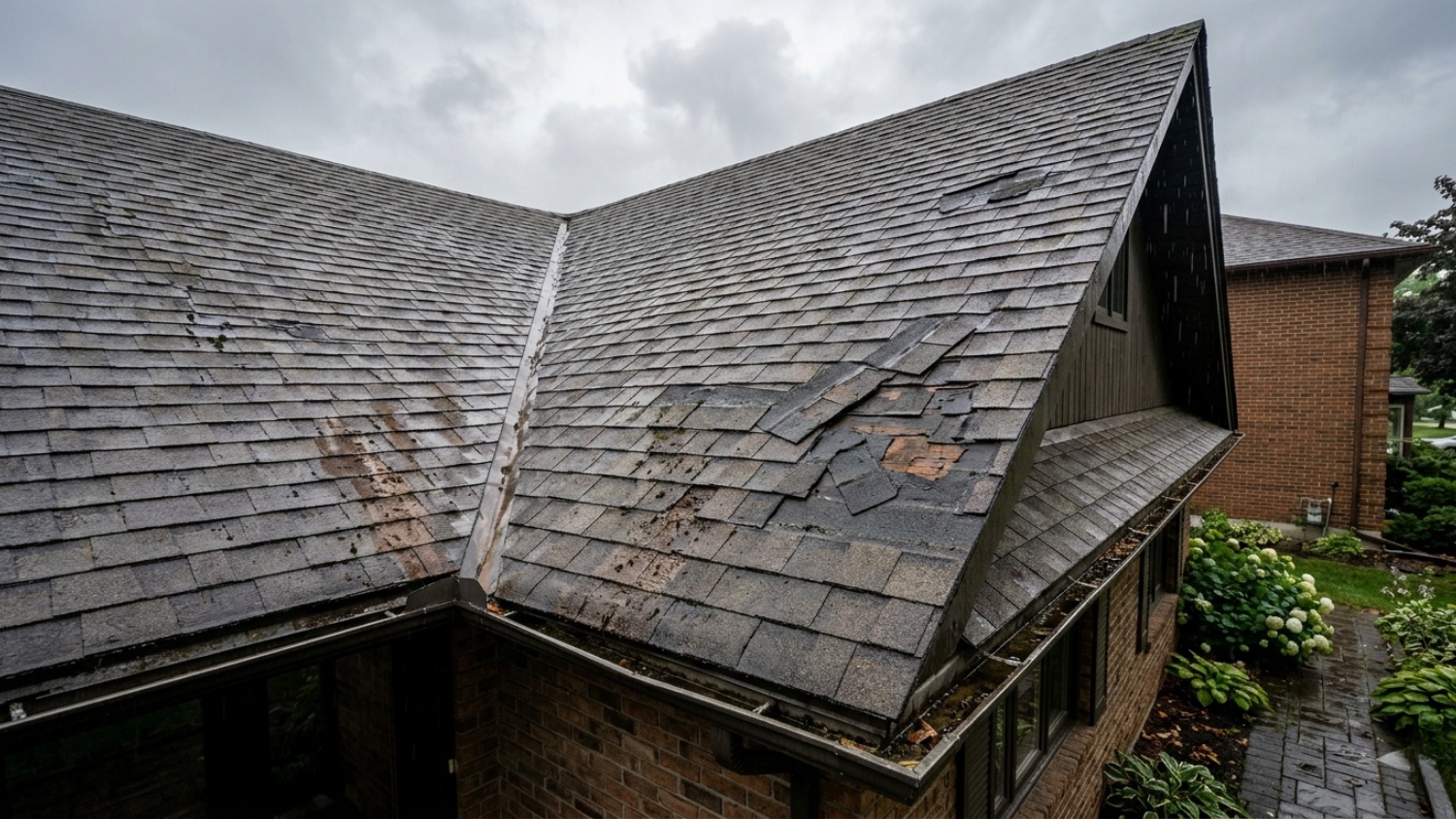 a weathered residential shingle roof 