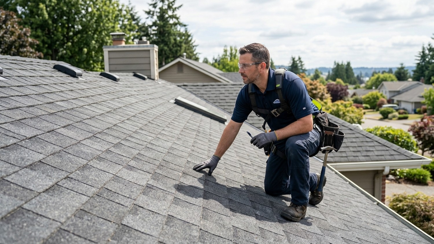 roofing inspector kneeling on an asphalt shingle roof