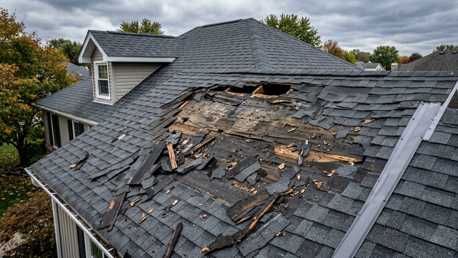 house roof with a large section of torn and missing shingles