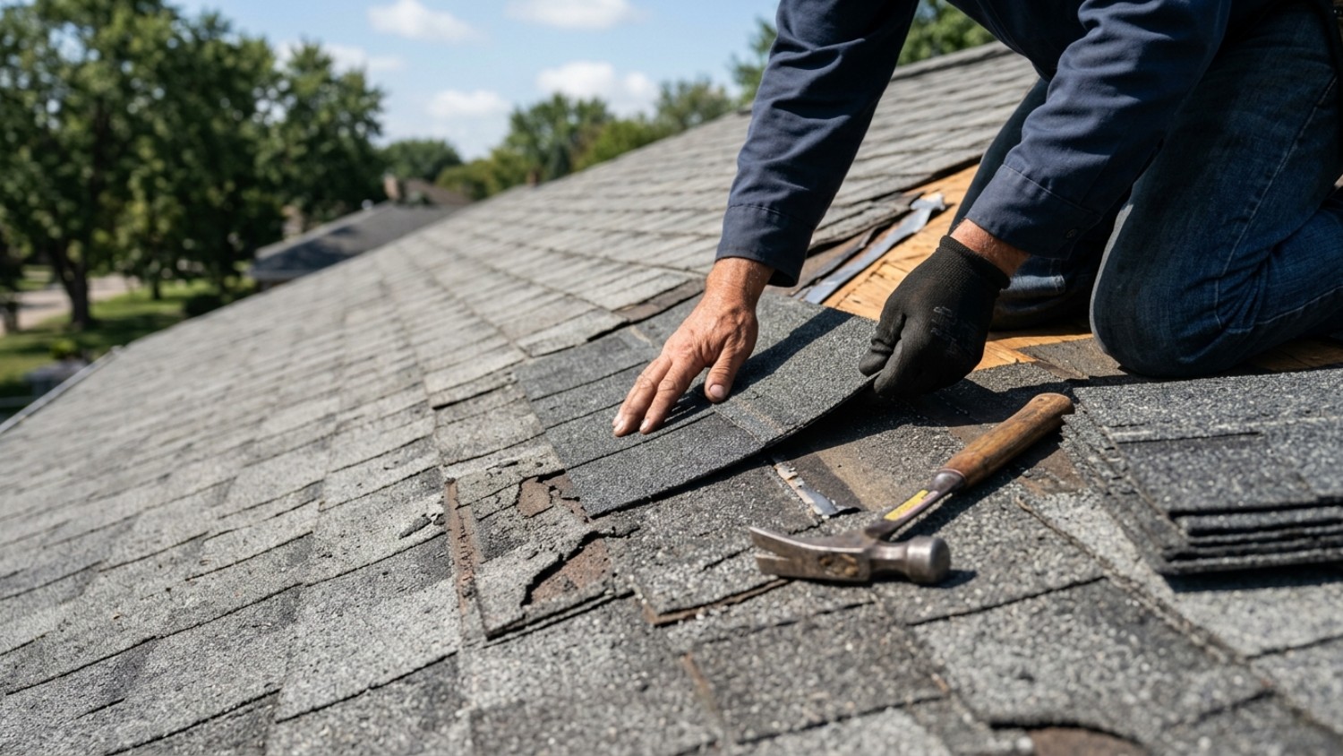 a worker replacing damaged asphalt shingles