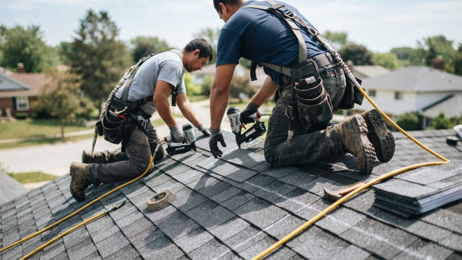 Two roofers wearing tool belts and safety harnesses install grey asphalt shingles