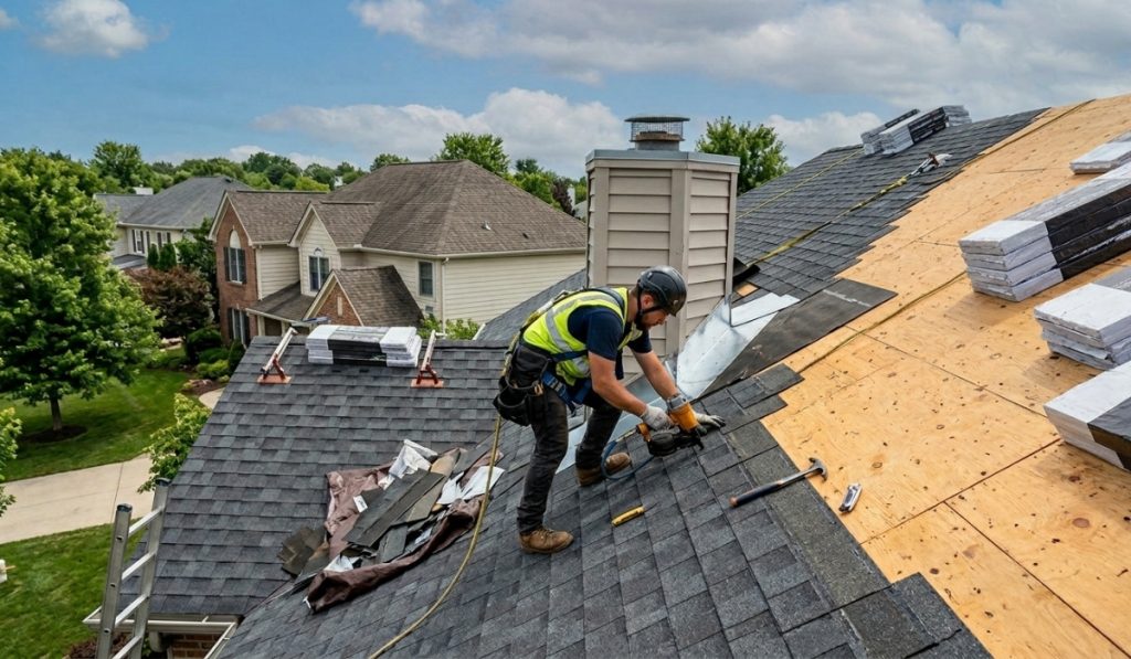 A roofer wearing a hard hat, a yellow safety vest, and a safety harness