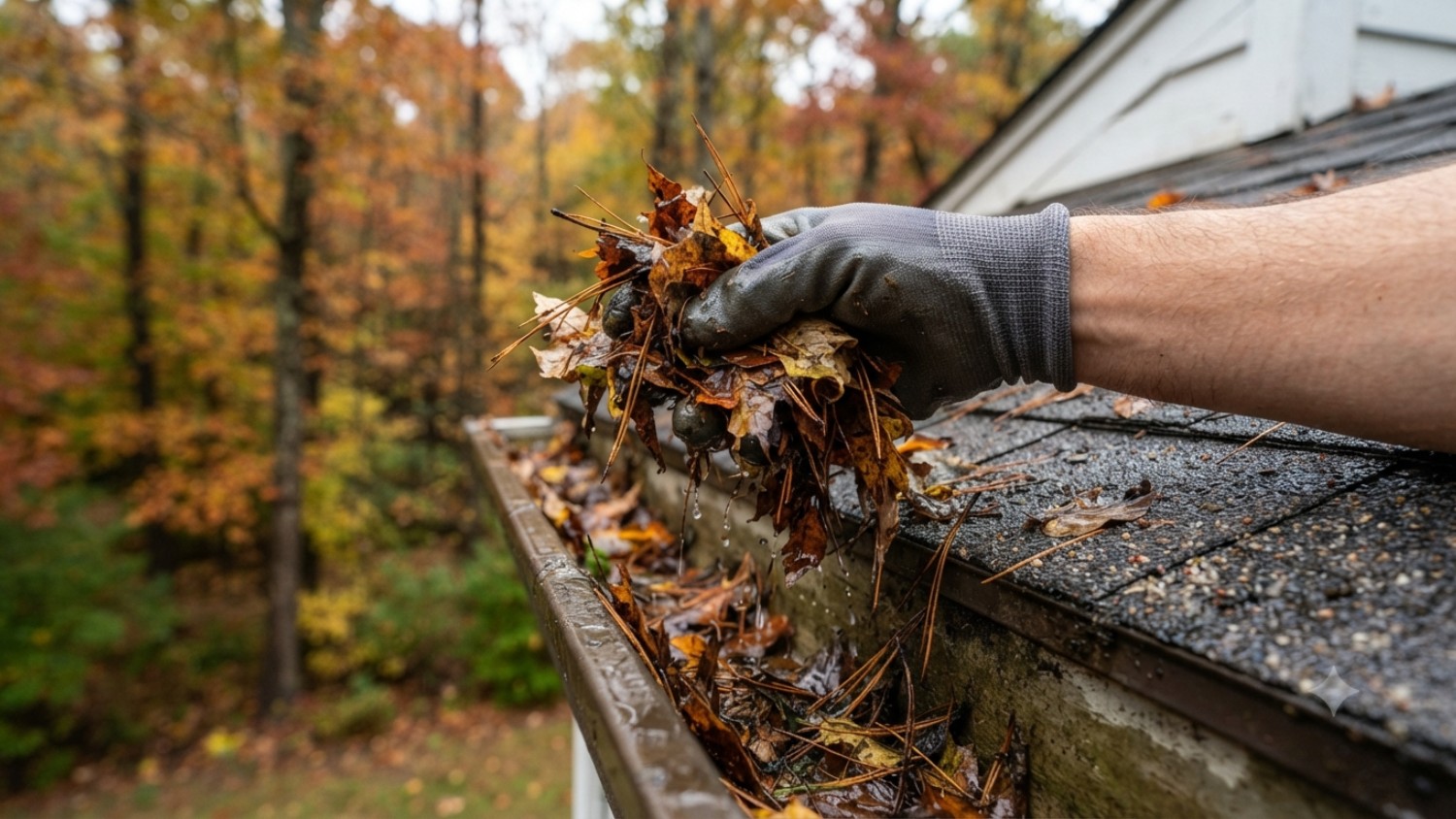 gloved hand pulling a handful of wet, decomposing leaves out of a clogged roof gutter