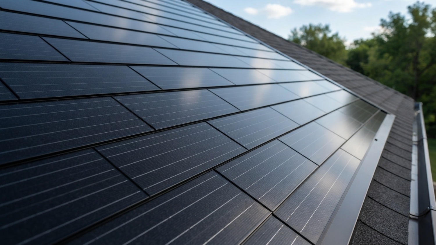 overlapping rows of black solar shingles