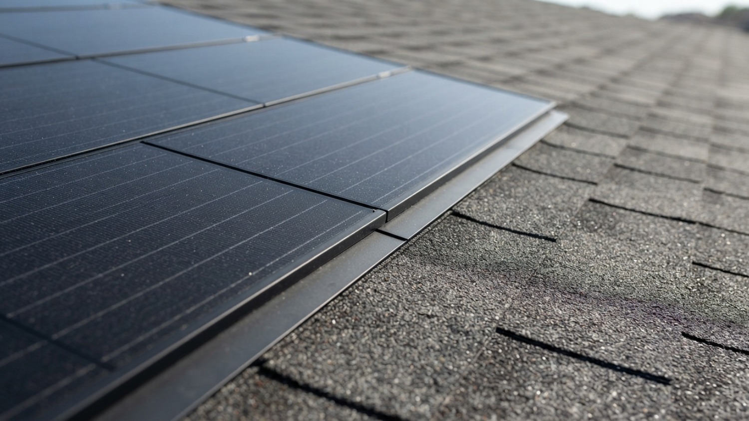 close-up view of sleek, black integrated solar shingles