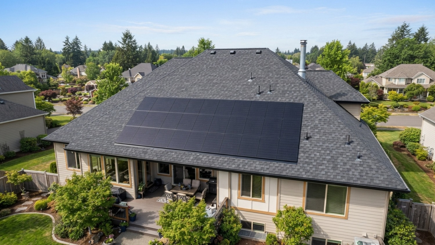 aerial view of integrated solar shingles installed flush on a residential roof