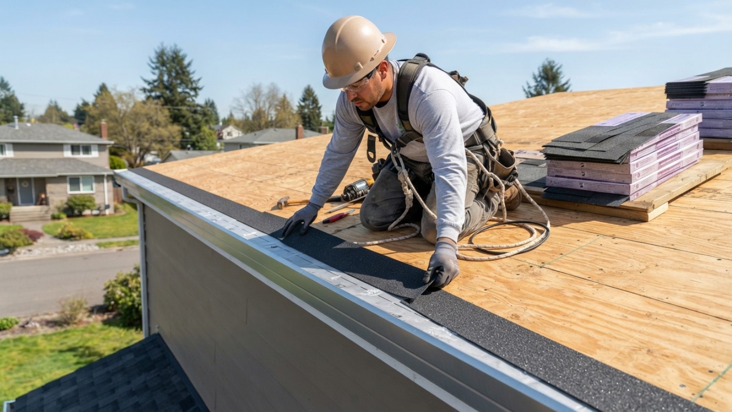 a roofer installs a black starter shingle