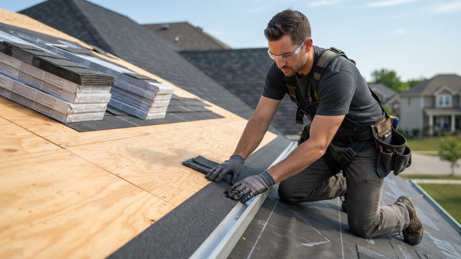 A roofer wearing safety glasses installs asphalt starter shingles