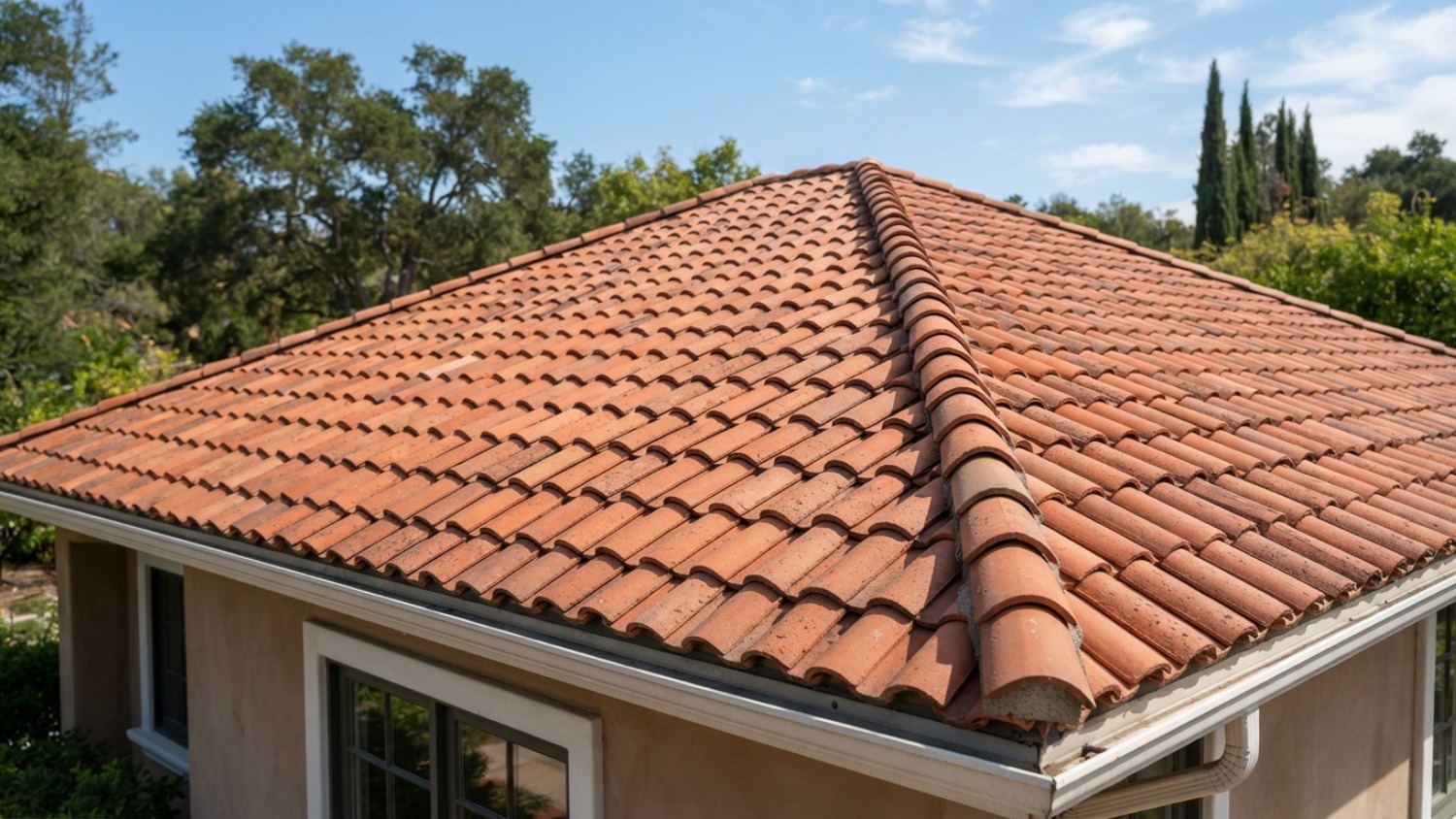 residential hip roof covered in orange-red barrel clay tiles