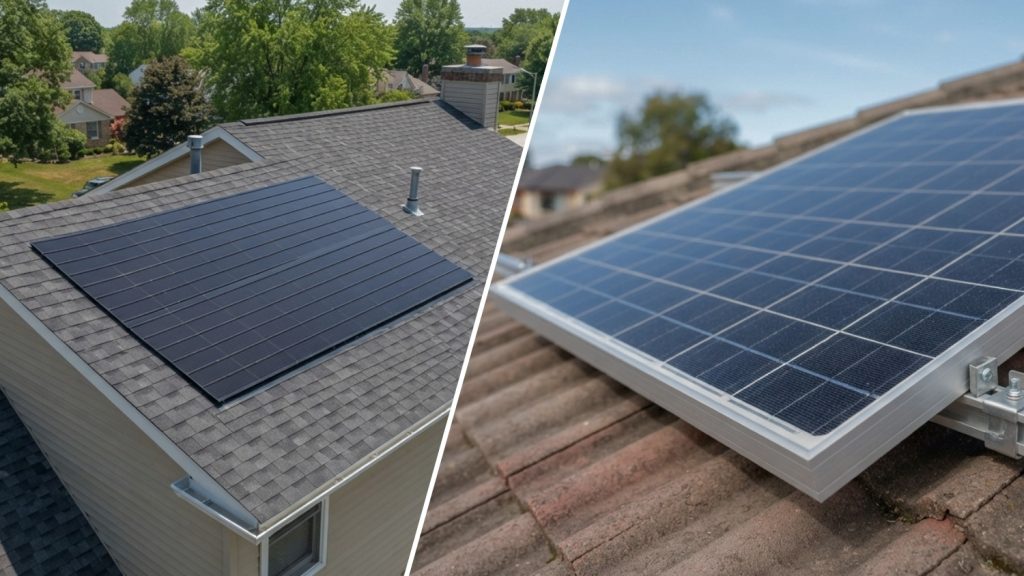 split screen comparing low-profile solar shingles on the left with a traditional rail-mounted solar panel