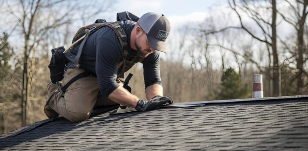 a worker installing a grey asphalt shingles