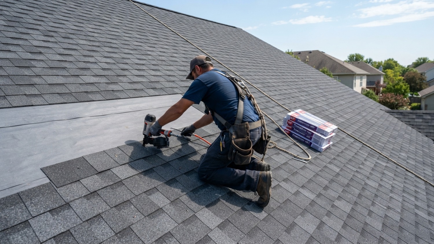 A roofer wearing a safety harness installs asphalt shingles